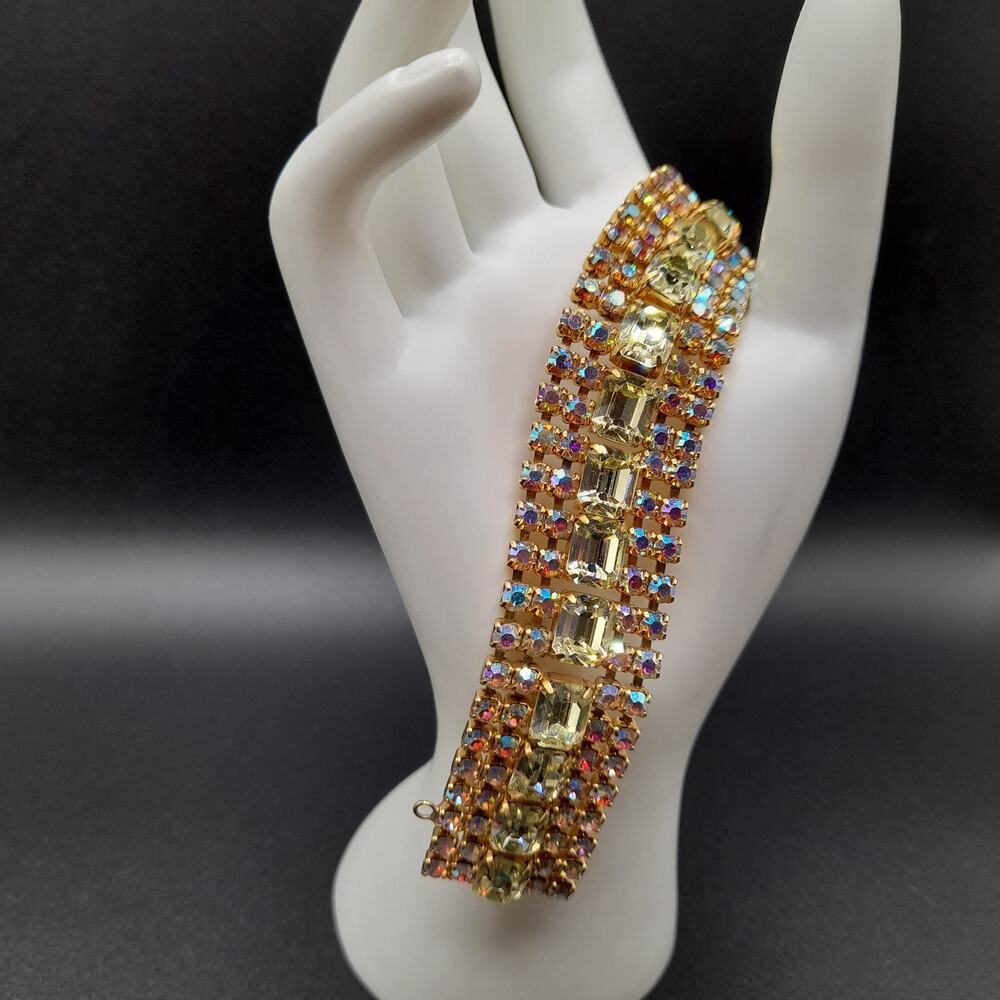 Jonquil Aurora Borealis Rhinestone Wide Bracelet, Gold Plated, 1960s Vintage